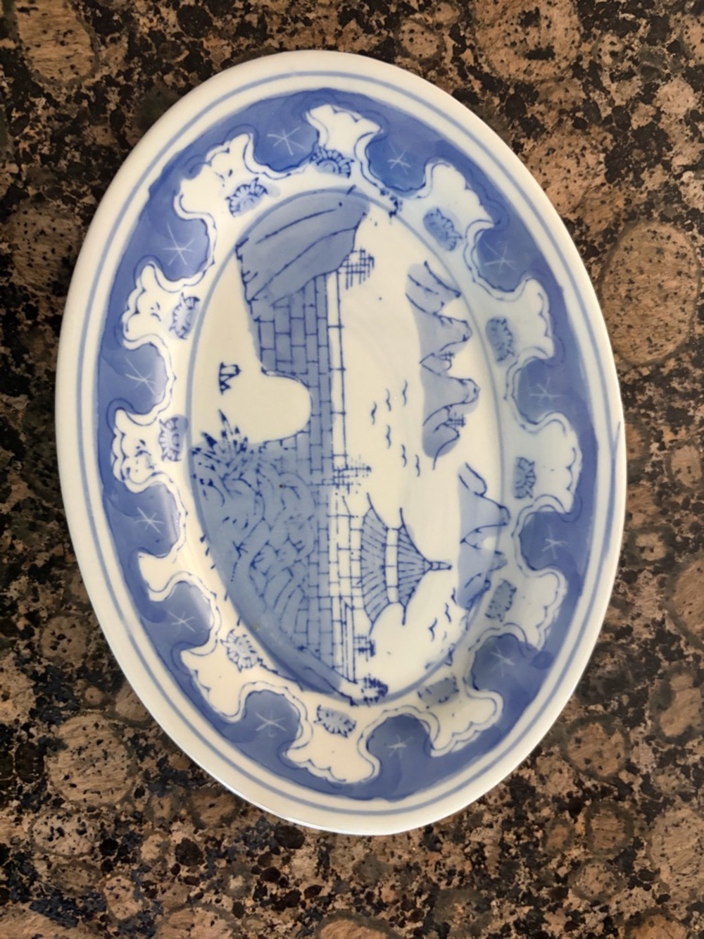 Blue and White Scenic Oval Ceramic Plate - Decorative Accent - Picture 1 of 4